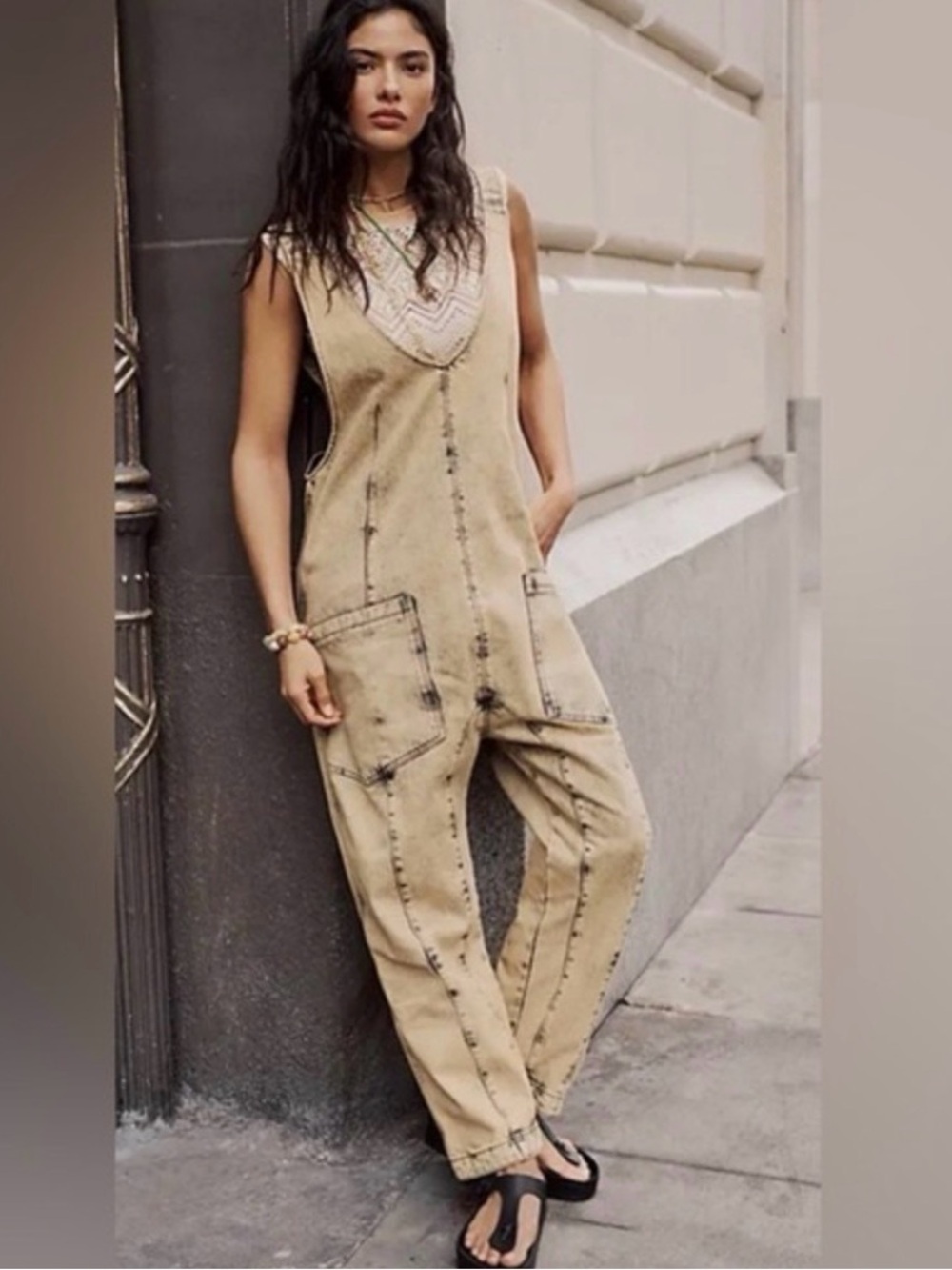 Free People High Roller Rare Farrow Washed Utility Jumpsuit w/Pocket Stitching